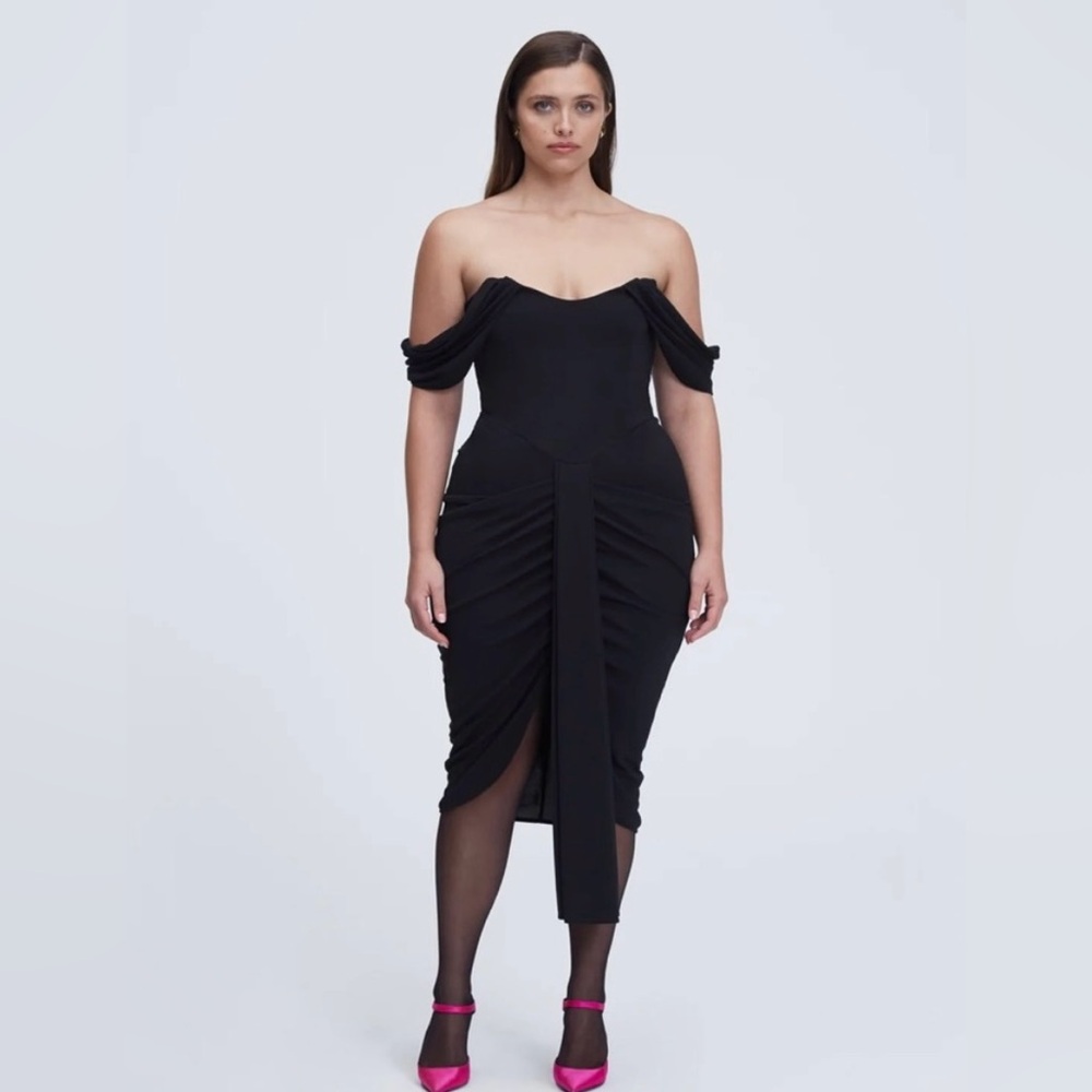 LBV Black Ruched Bodycon Cocktail Dress